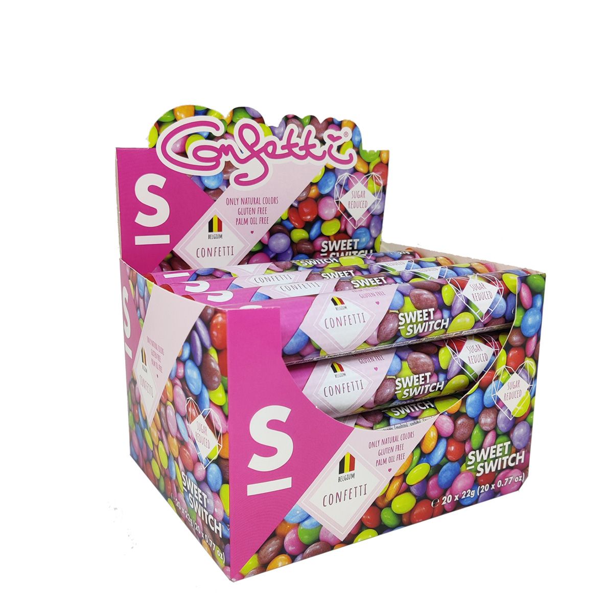 Verpackung mit Sweet Switch Confetti-Packungen. Rosa Karton mit Produktnamen und bunten Süßigkeiten. Glutenfrei.