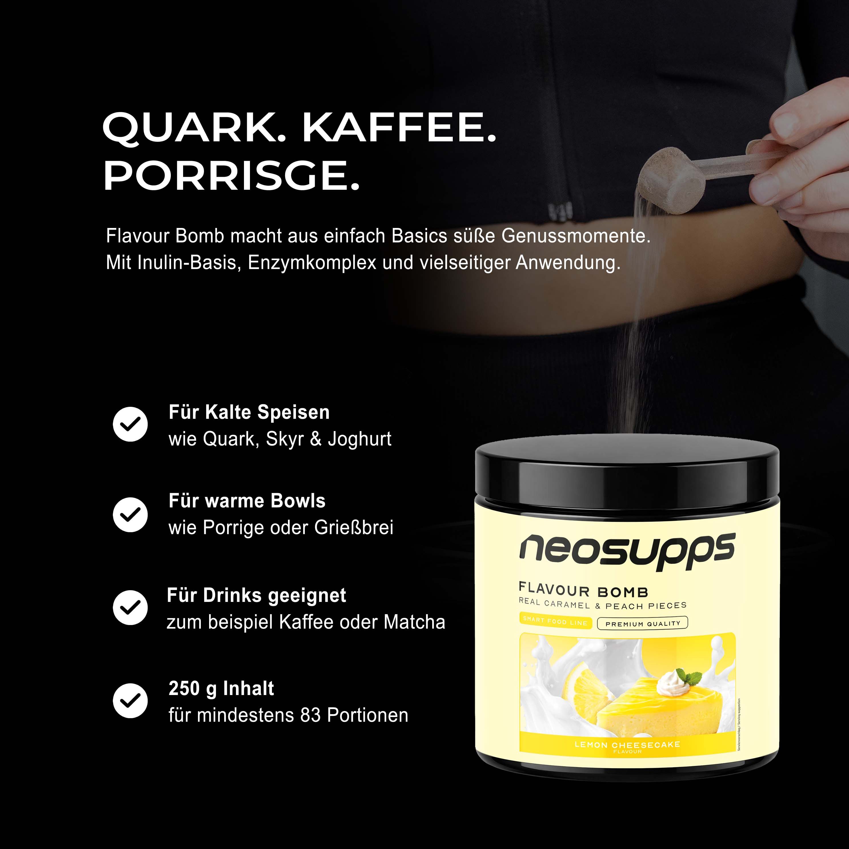Neosupps Flavour Bomb Double Chocolate Aroma-Pulver Dose mit Aufkleber 'Vegan' und 'Made in Germany'.