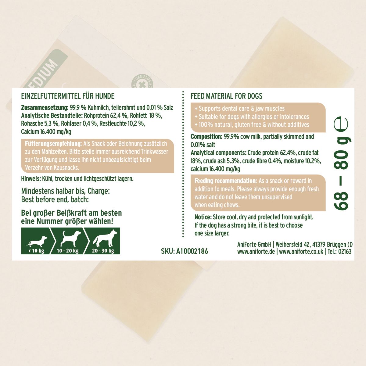 Rückseite der Verpackung. Text: Einzel-Futtermittel für Hunde. Zusammensetzung, analytische Bestandteile, Fütterungsempfehlung.