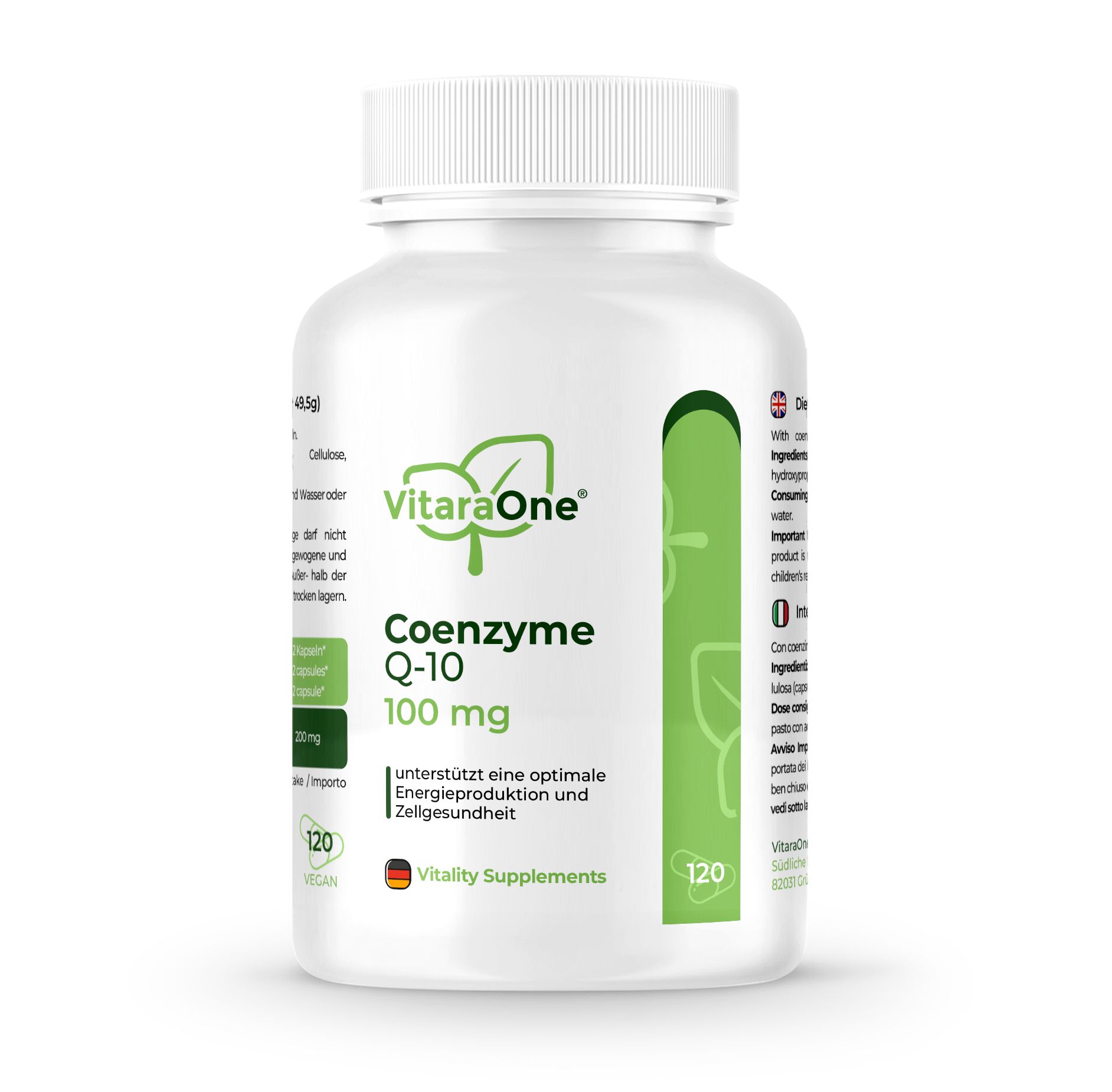 Weiße Flasche mit grünem Etikett. Aufschrift: VitaraOne® Coenzym Q-10 100 mg. 120 Kapseln. Vitality Supplements.