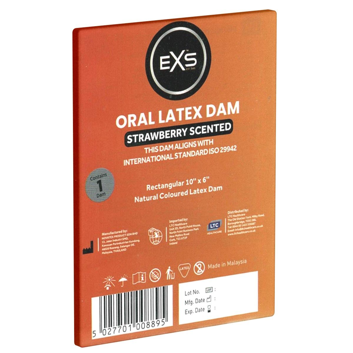 Verpackung mit EXS Oral Latex Dam, Erdbeerduft. Rechteckig, 10" x 6". Enthält 1 Stück. Natürliche Farbe. ISO 29942.