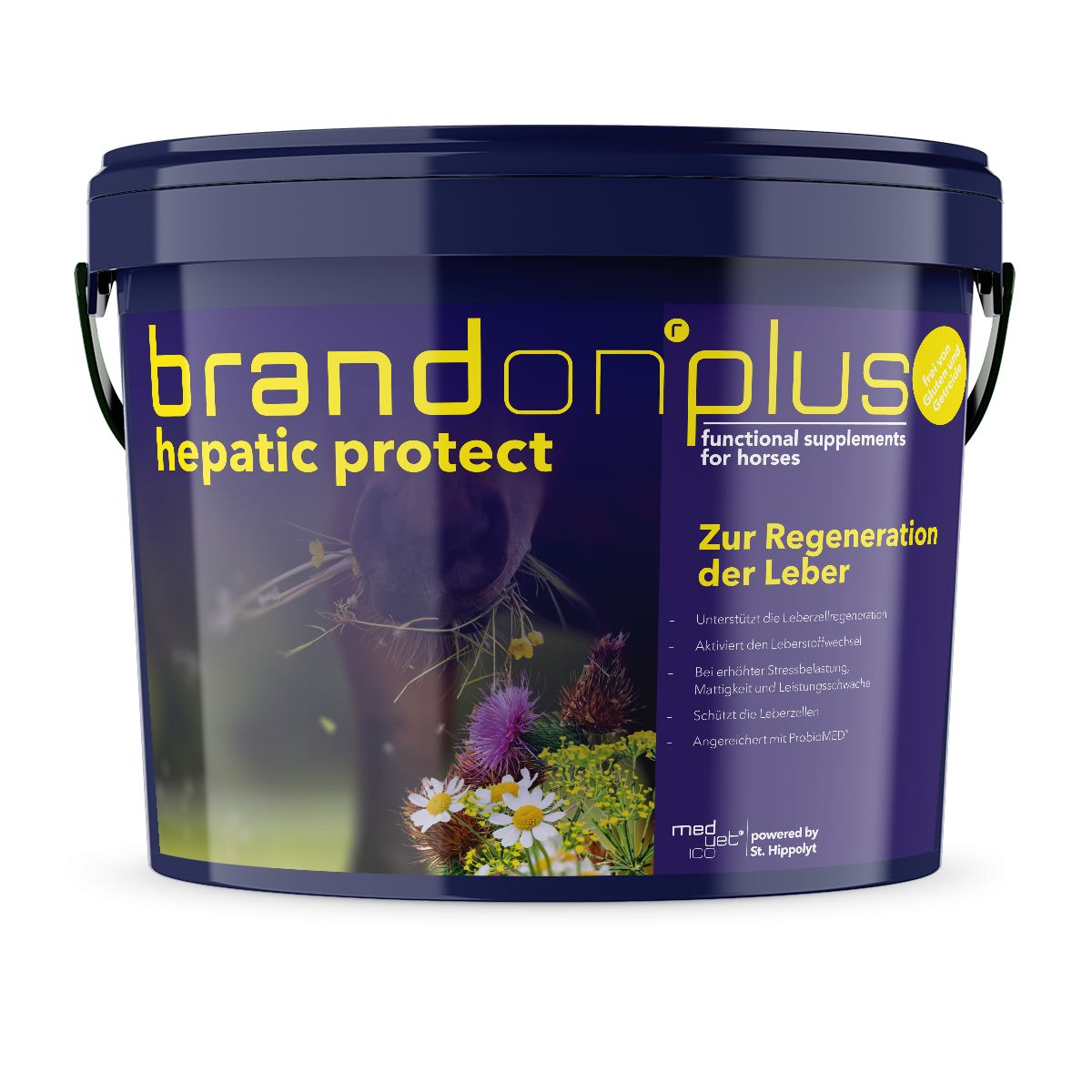 Eimer mit Aufschrift "brandon plus hepatic protect". Gelbe Schrift, Logo. Für Pferde. Med. Qualität.