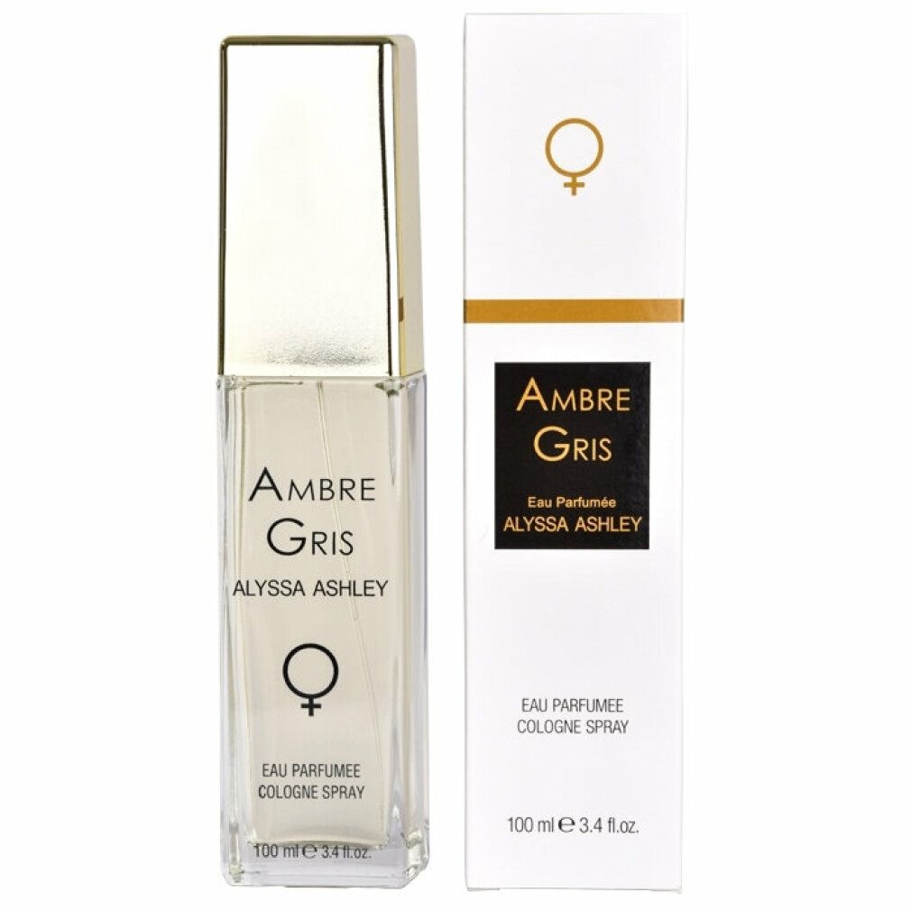Alyssa Ashley Ambre Gris Eau Parfumee Cologne. Flakon und Verpackung. Weiß, Gold, Schriftzug, Logo. 100 ml.