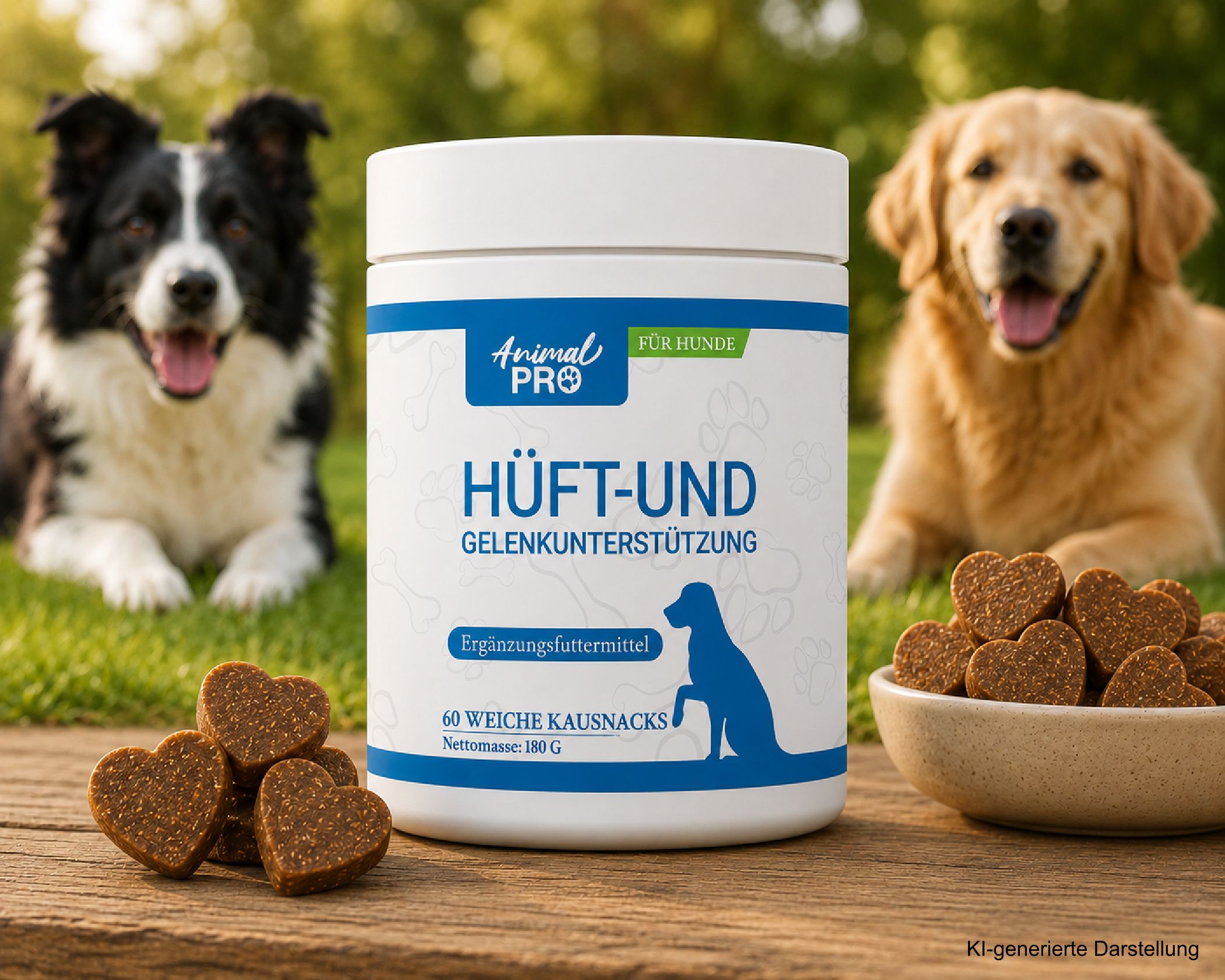 Hunde mit Gelenkunterstützungsprodukt, Herz-Snacks auf Holzoberfläche, im Freien.