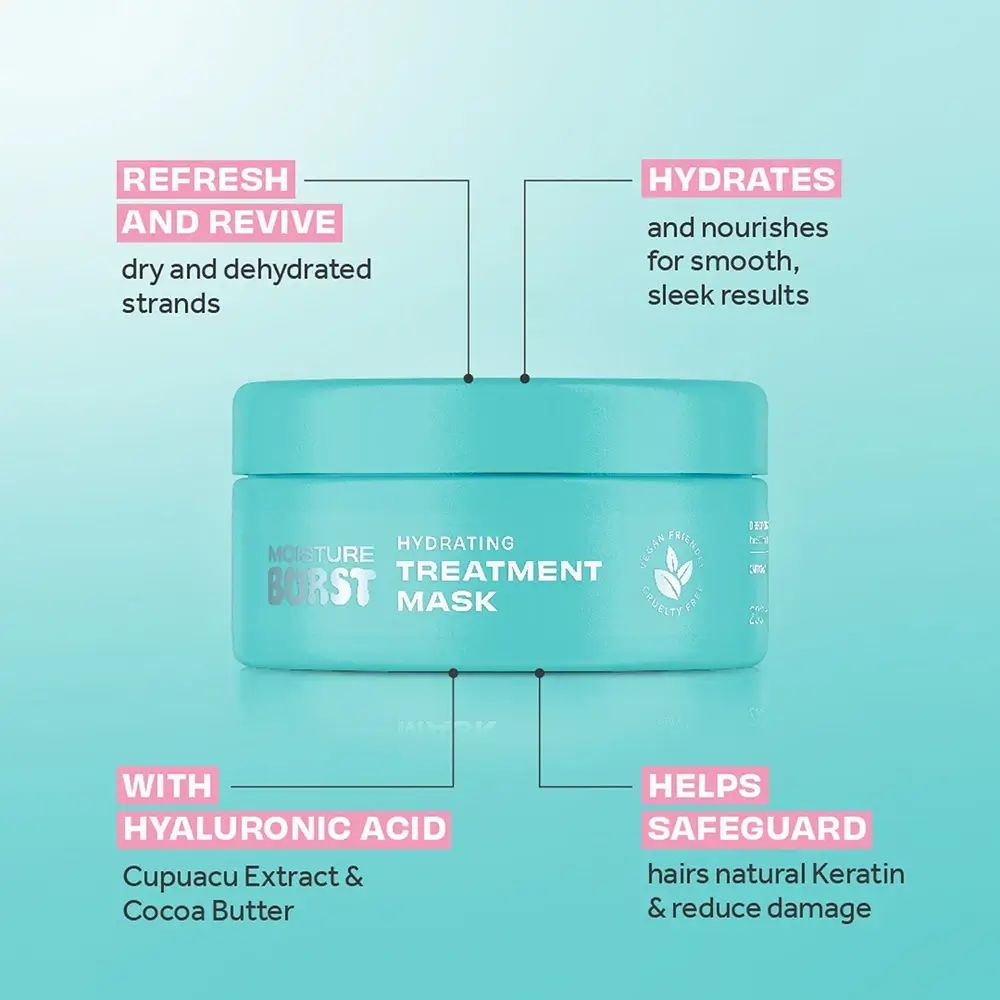 Türkisfarbene Dose mit Aufschrift: Moisture Burst, Hydrating Treatment Mask. Text: Refresh and Revive, Hydrates, With Hyaluronic Acid, Helps Safeguard.