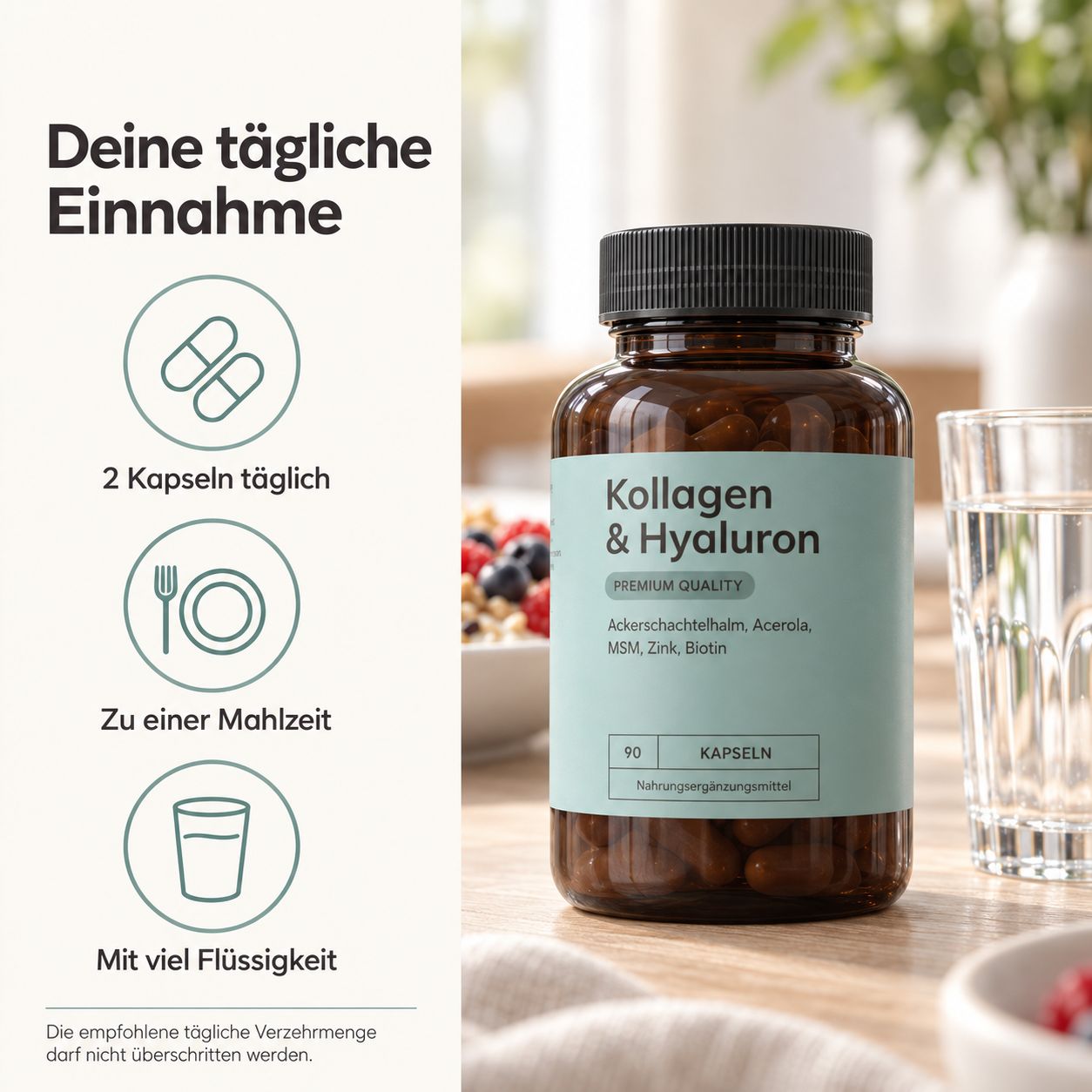 Braune Glasflasche mit Kollagen & Hyaluron Kapseln. Enthält 90 Kapseln. Beipacktext mit Einnahmeempfehlungen.