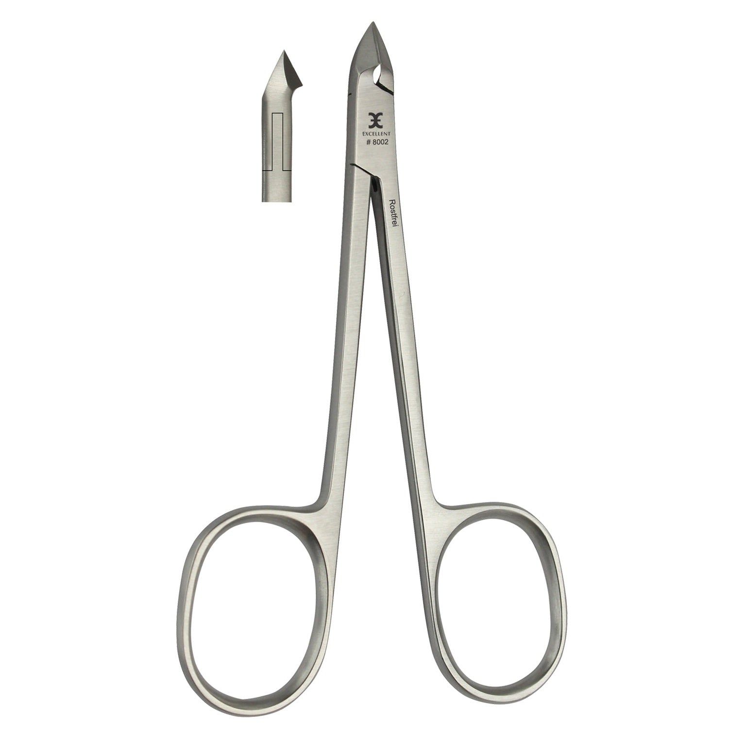 Nagelhautzange mit Scherengriff. Metall, silberfarben. Scherengriff mit runden Öffnungen. Klingen mit spitzer Spitze. Zusätzliche Klinge daneben.