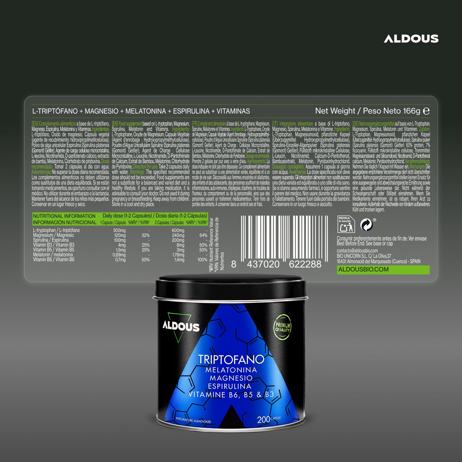 Aldous L-Tryptophan Dose mit Melatonin, Magnesium, Spirulina und Vitaminen. 200 Kapseln.