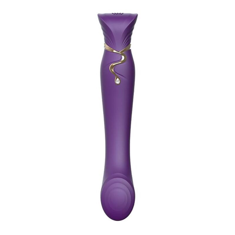 Lila Vibrator mit geschwungenem Design, goldfarbenen Akzenten und einem Kristall. Runde Basis.
