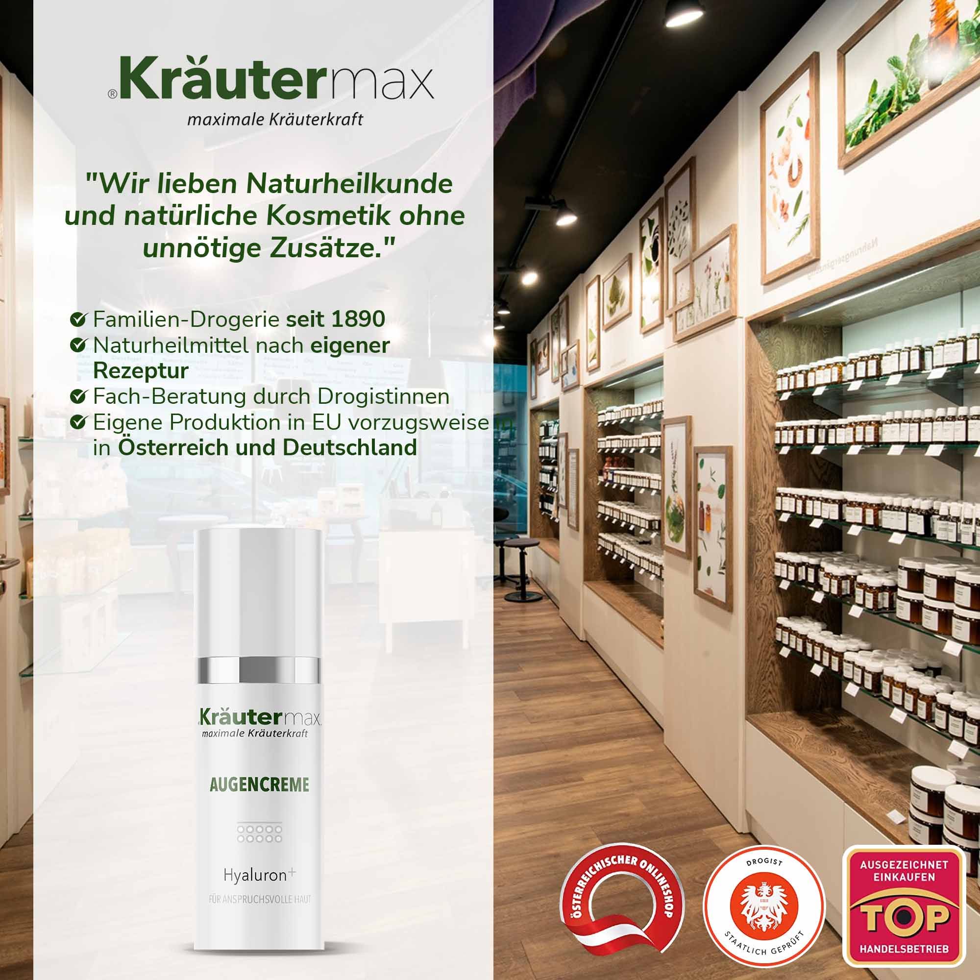 Innenansicht einer Apotheke. Kräutermax-Produkt im Regal. Text: Familien-Drogerie seit 1890, Naturheilkunde, eigene Produktion in EU.
