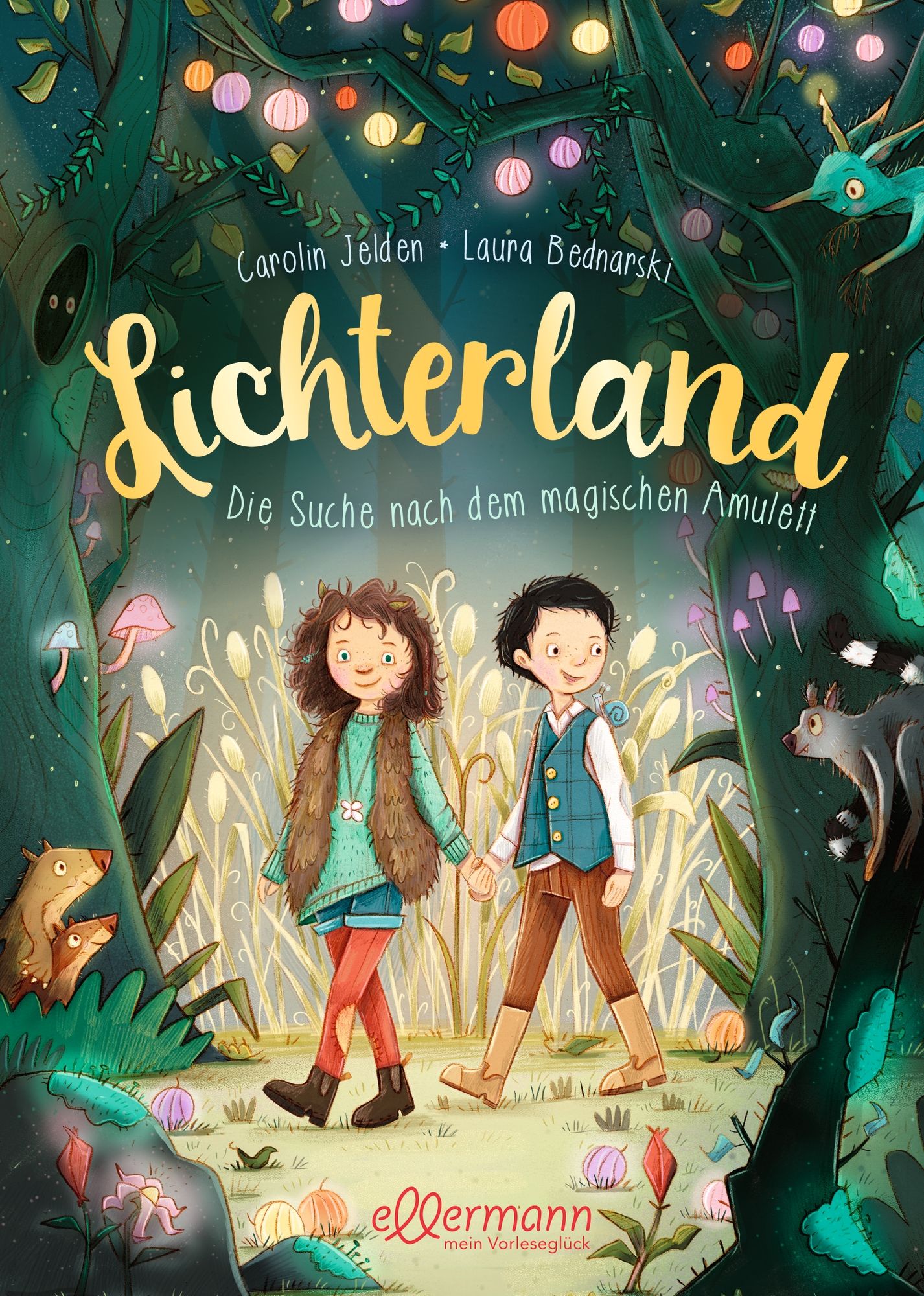 Buchcover: Titel "Lichterland - Die Suche nach dem magischen Amulett". Illustration: Kinder im Wald. Verlag: Ellermann.