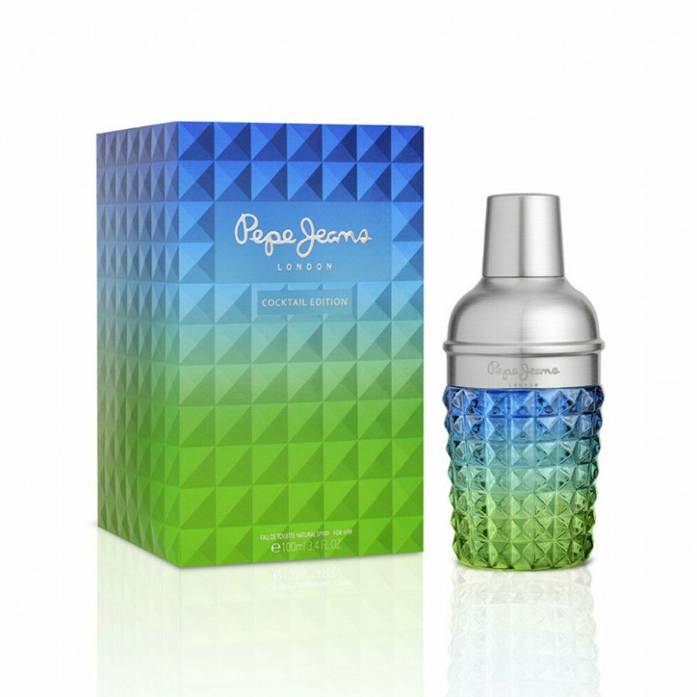 Pepe Jeans For Him Cocktail Edition Flakon und Verpackung. Flakon in Shaker-Form, Farbverlauf von Grün zu Blau. Verpackung mit Logo.