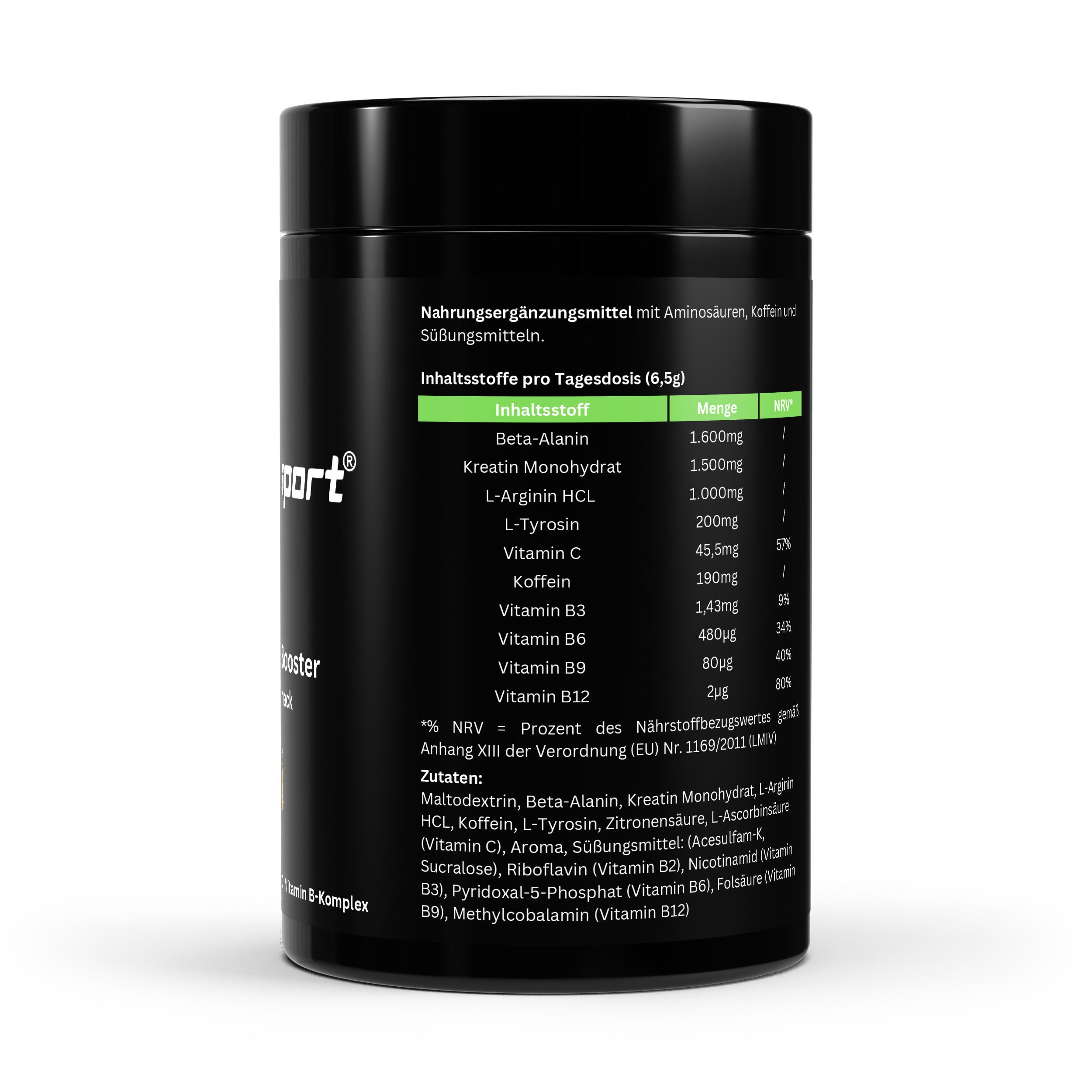 Rückseite der schwarzen Dose. Enthält Nährwertangaben und Zutatenliste. Grüne und weiße Schrift auf schwarzem Hintergrund.