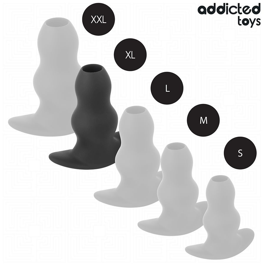 Fünf Analplugs in verschiedenen Größen. Weiß, schwarz, weiß. Größen: XXL, XL, L, M, S. Marke: Addicted Toys.