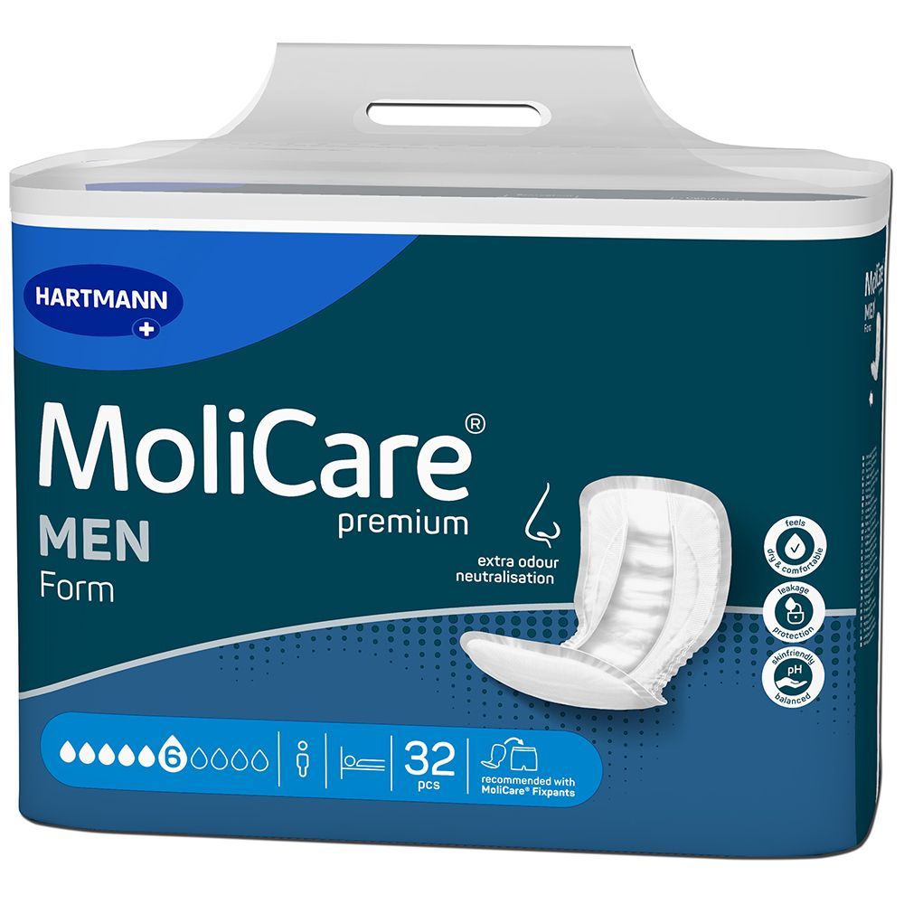 Hartmann MoliCare Men Form, 32 Stück. Inkontinenzvorlagen für Männer. Extra Geruchsneutralisation. Verpackung.