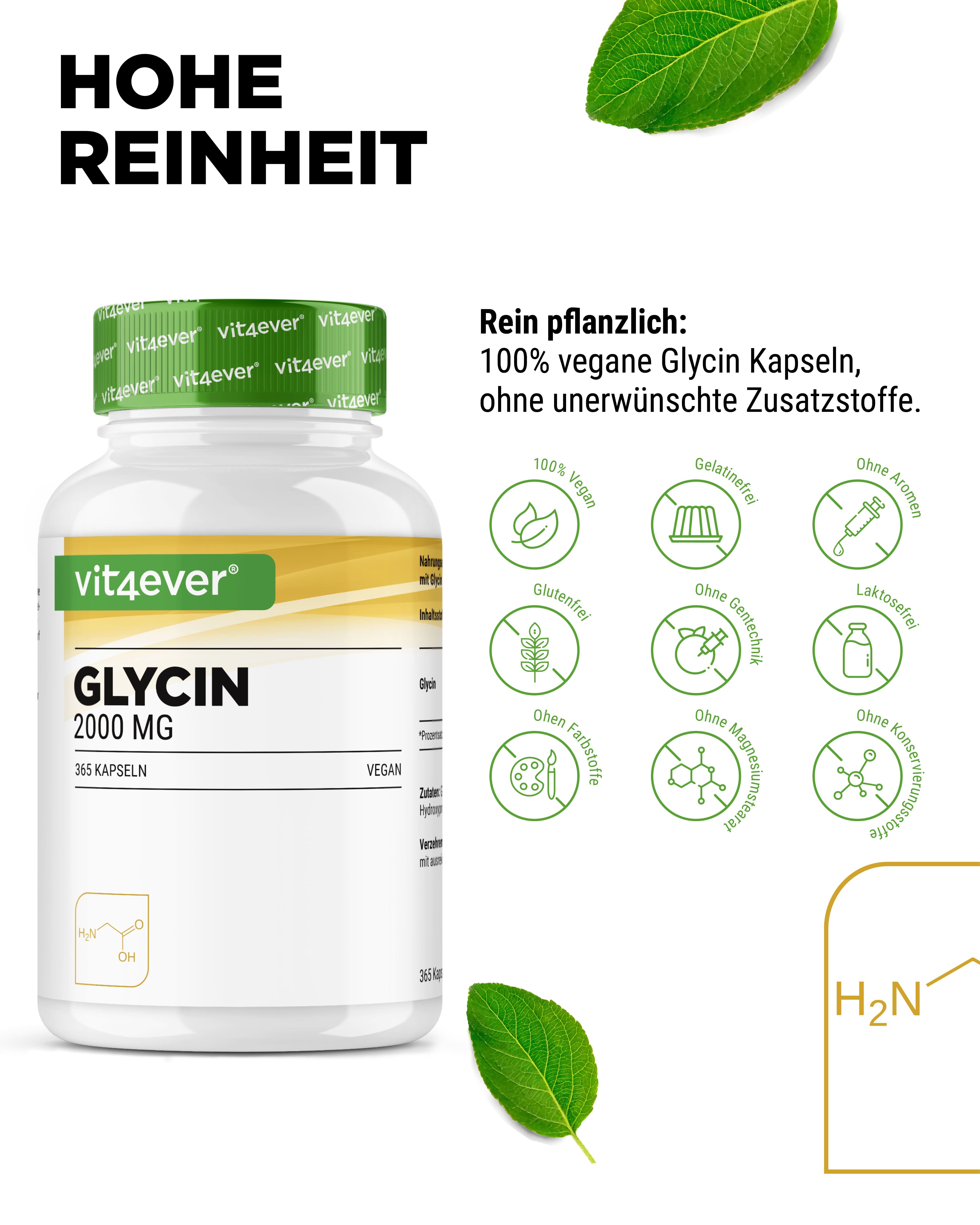 Weißes Pillenbehälter mit grünem Deckel. Aufschrift: Glycin 2000 MG. Marke: vit4ever. 365 Kapseln. Vegan. Symbole.