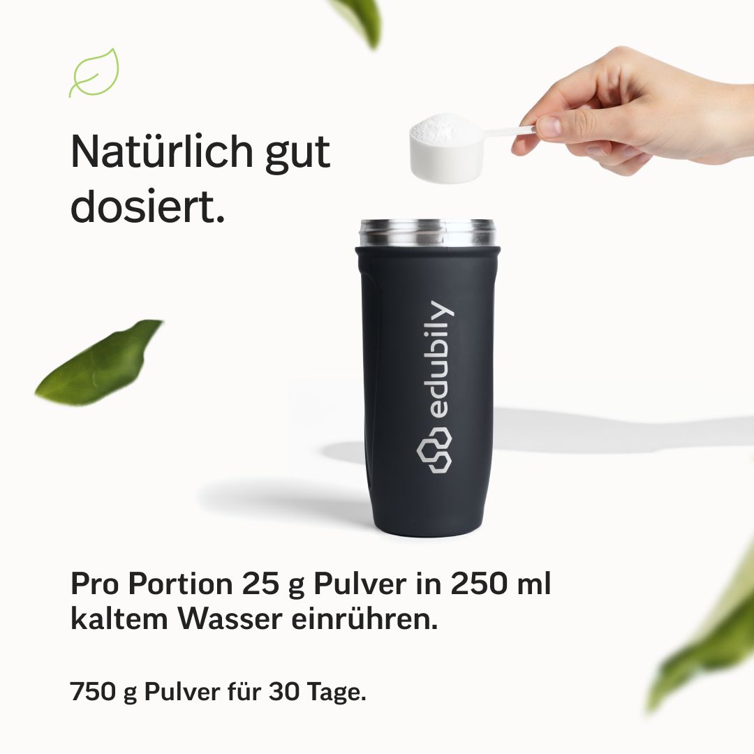 Edubily® Shaker mit Protein Pulver. 25g Pulver in 250ml Wasser einrühren. 750g für 30 Tage.