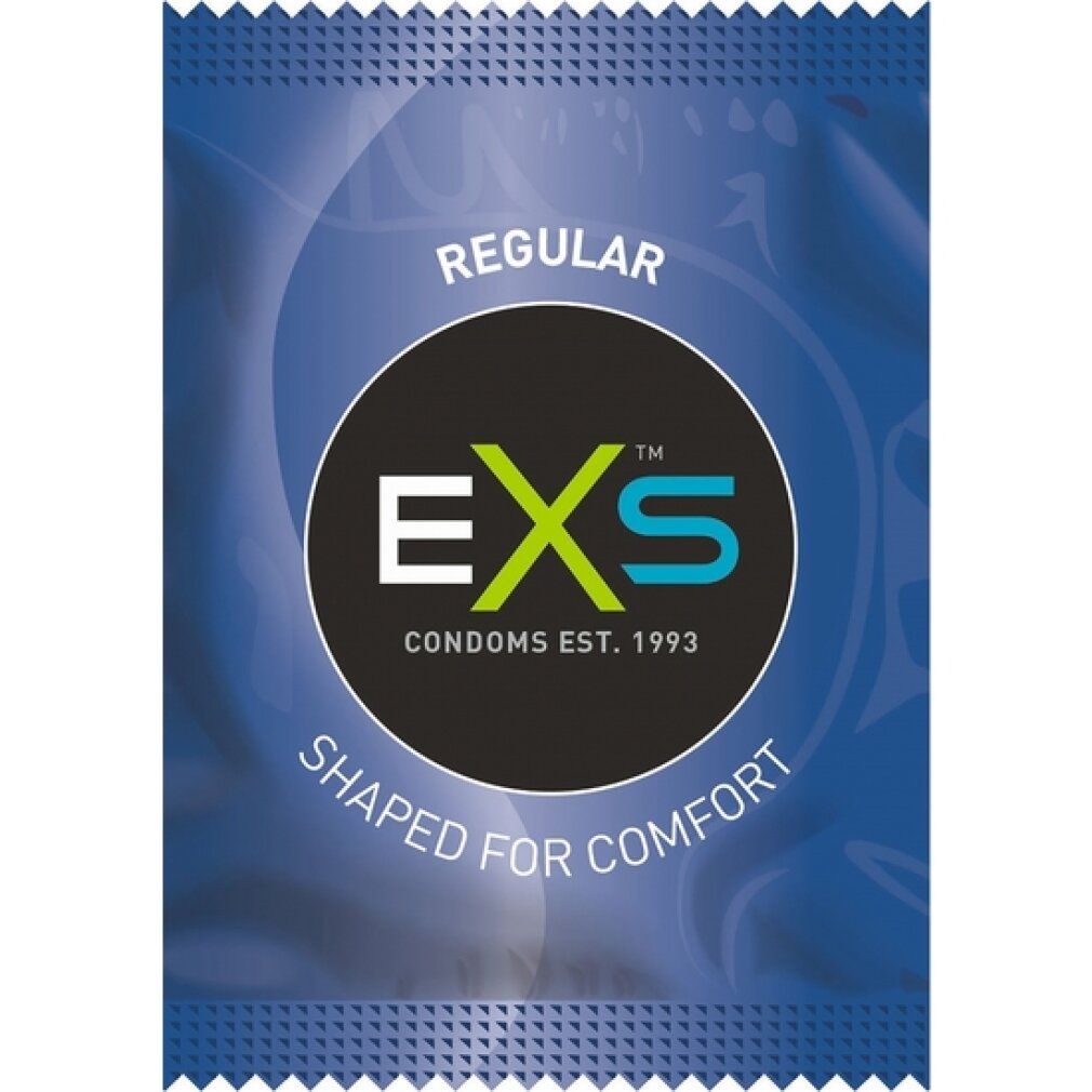Blaues Kondom-Einzelverpackung mit EXS Logo und Schriftzug 'Regular'.