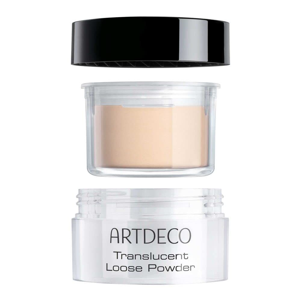 Artdeco Translucent Loose Powder. Transparentes Puder in einem transparenten Behälter. Schwarzer Deckel. Produktname und Marke sichtbar.
