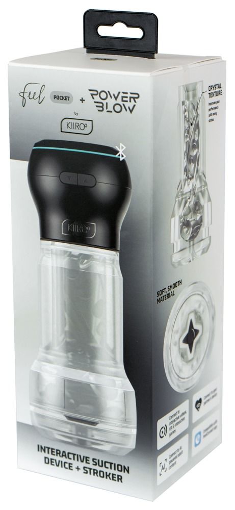 Verpackung mit Produkt. Schwarzer Kopf, transparenter Zylinder. Text: feel, POWER BLOW, Kiiroo. Interaktives Sauggerät + Strok.