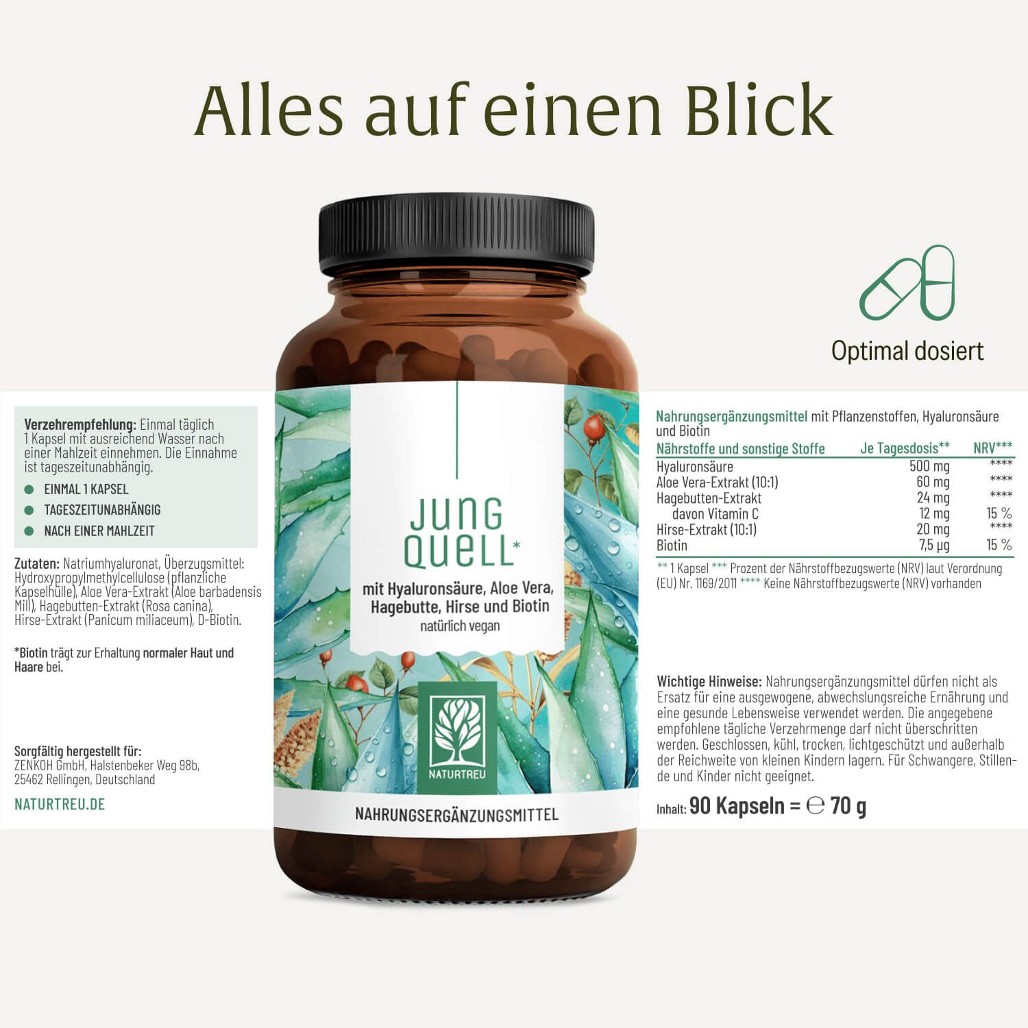 Braune Glasflasche mit schwarzem Deckel, gefüllt mit 90 Kapseln. Etikett mit Pflanzenmotiv und Produktinformationen.