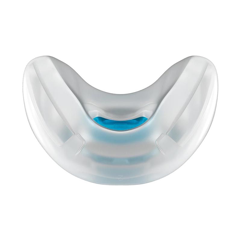 Weißes Maskenkissen aus Silikon mit blauer Einlage, U-förmig.