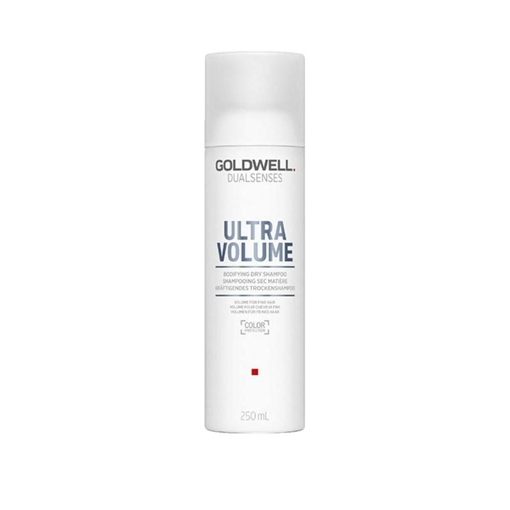 Goldwell Dualsenses Ultra Volume Trockenshampoo. Weiße Sprühflasche mit Produktnamen und Volumenangabe. Color-Zertifizierung.
