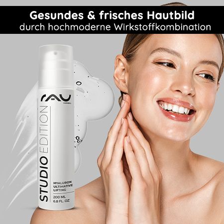 Weißer Flakon mit Pumpe und Gel. Aufschrift: STUDIO EDITION, Hyaluron Ultimative Lifting. Frau mit strahlendem Gesicht.