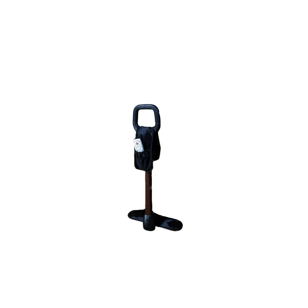 Verstellbare Aufstehhilfe. Schwarzer Griff, braune Stange, schwarze Basis. Mit Tasche.