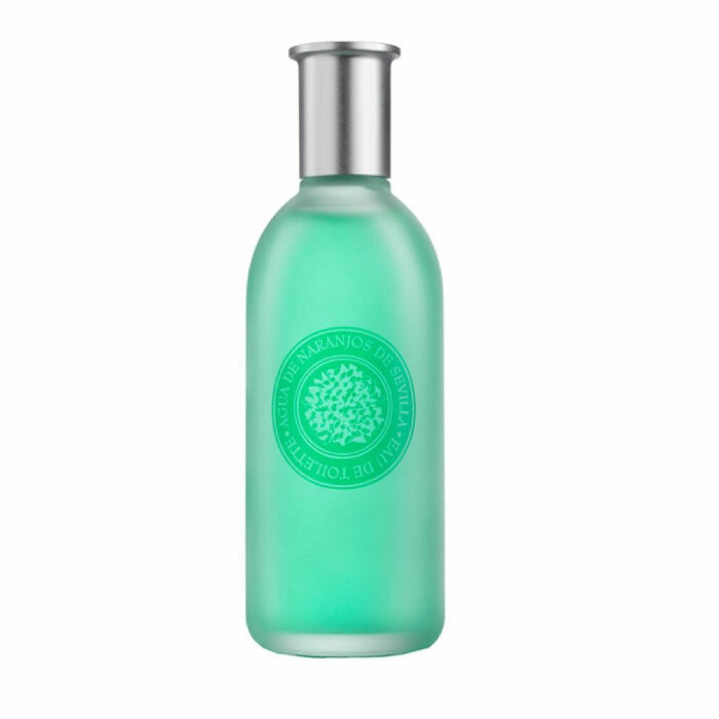 Grüner Flakon mit silbernem Verschluss. Aufschrift: Agua De Naranjos Eau De Toilette. Grünes Etikett mit Muster.