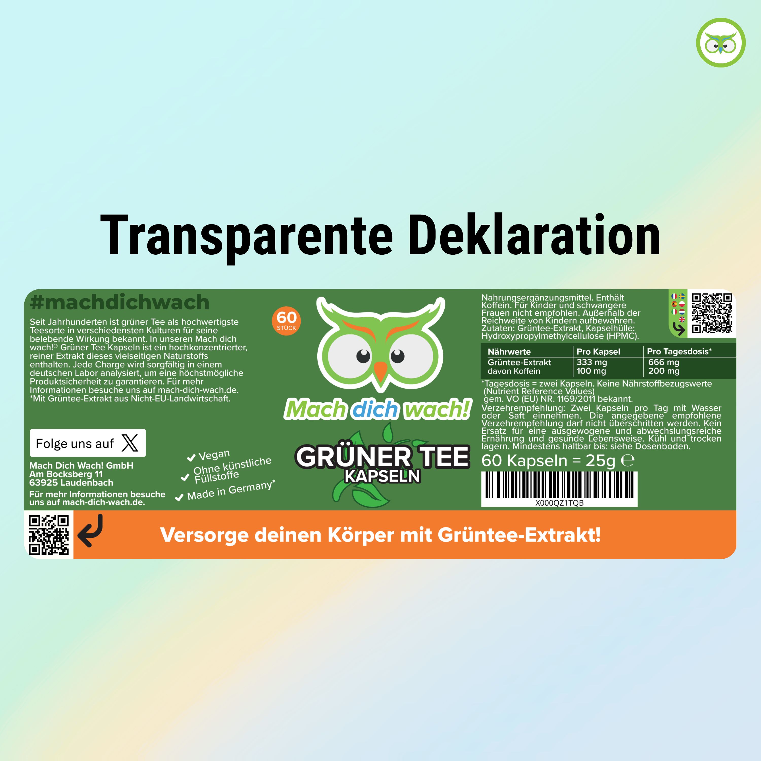 Etikett der Grüner Tee Kapseln. Enthält Informationen zu Inhaltsstoffen, Nährwerten, Herkunft und Zertifizierungen. 60 Kapseln, 25g.