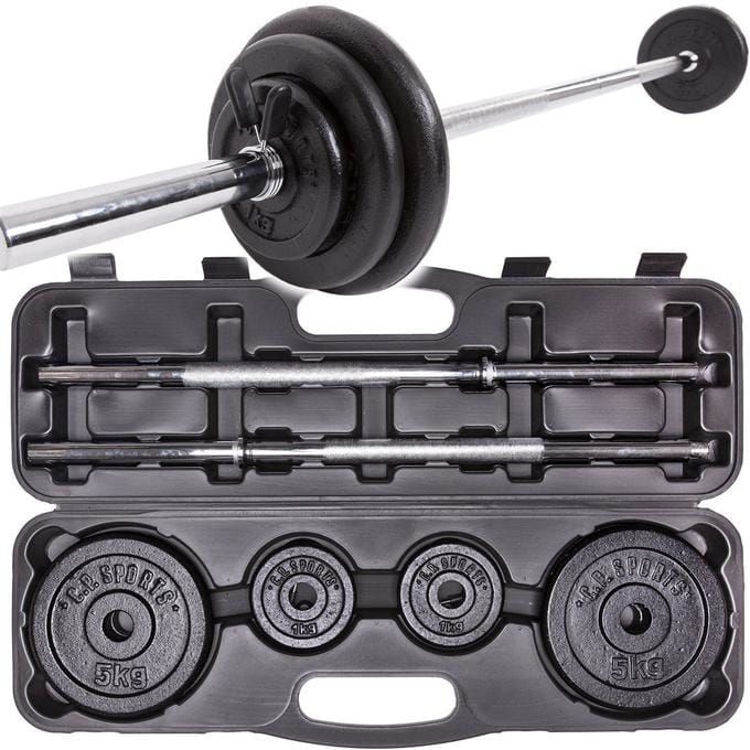 Langhantelset mit Transportkoffer. Enthält Hantelstangen, Gewichte und Koffer. Gewichte mit Aufschrift "C.P. SPORTS" und "5kg".