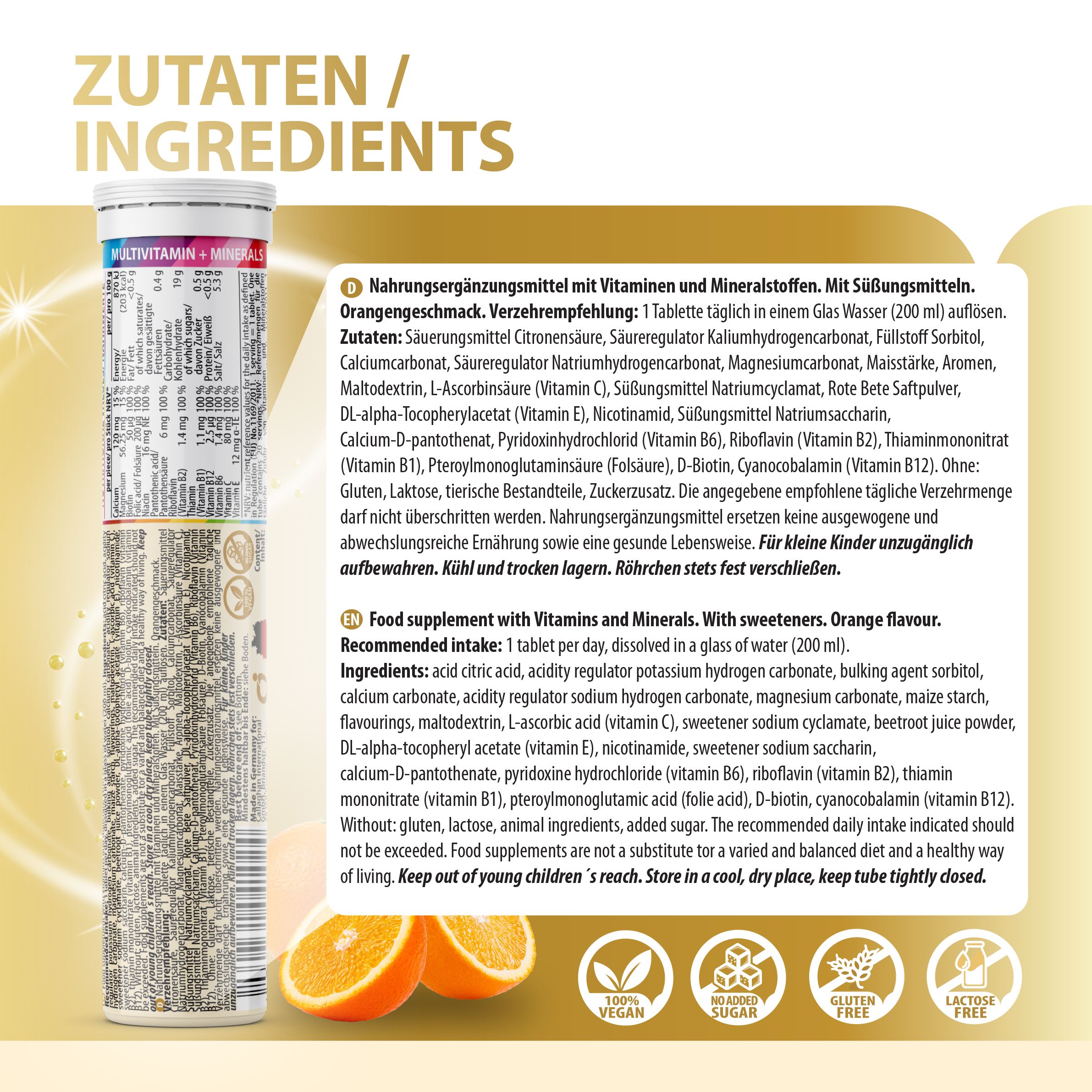 Zutatenliste für EVÄM 10 Vitaminen + 5 Mineralien. Enthält: Zitronensäure, Natriumbicarbonat, Aromen, Maltodextrin, Ascorbinsäure, Nicotinamid, Süßungsmittel.