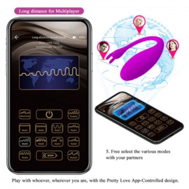 Smartphone-Bildschirm mit App-Oberfläche. Vibrator-Illustration und Benutzer-Avatare. Text: Long distance for Multiplayer.