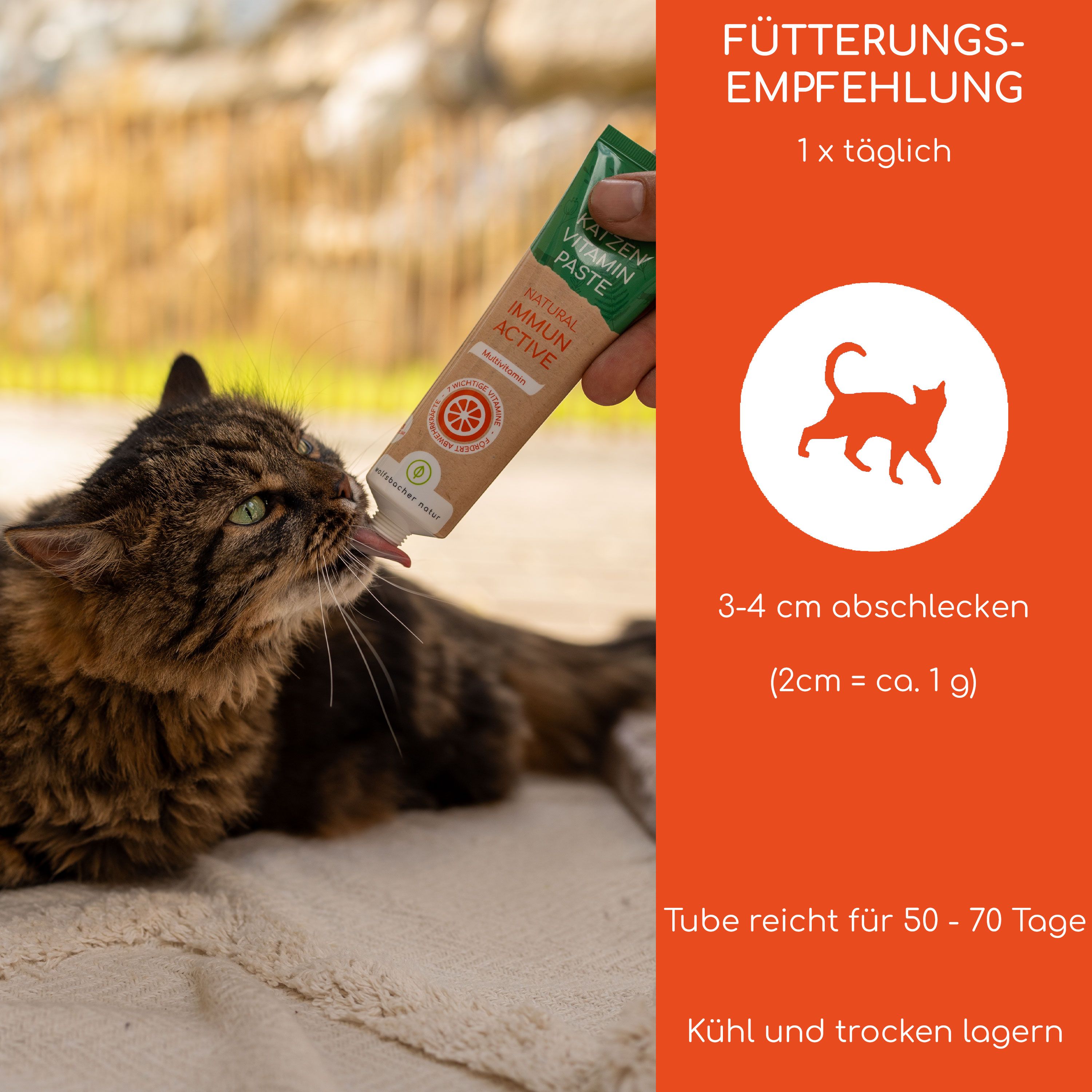 Fütterungsempfehlung für Katzen Vitamin Paste: 3-4 cm täglich, Tube reicht 50-70 Tage.