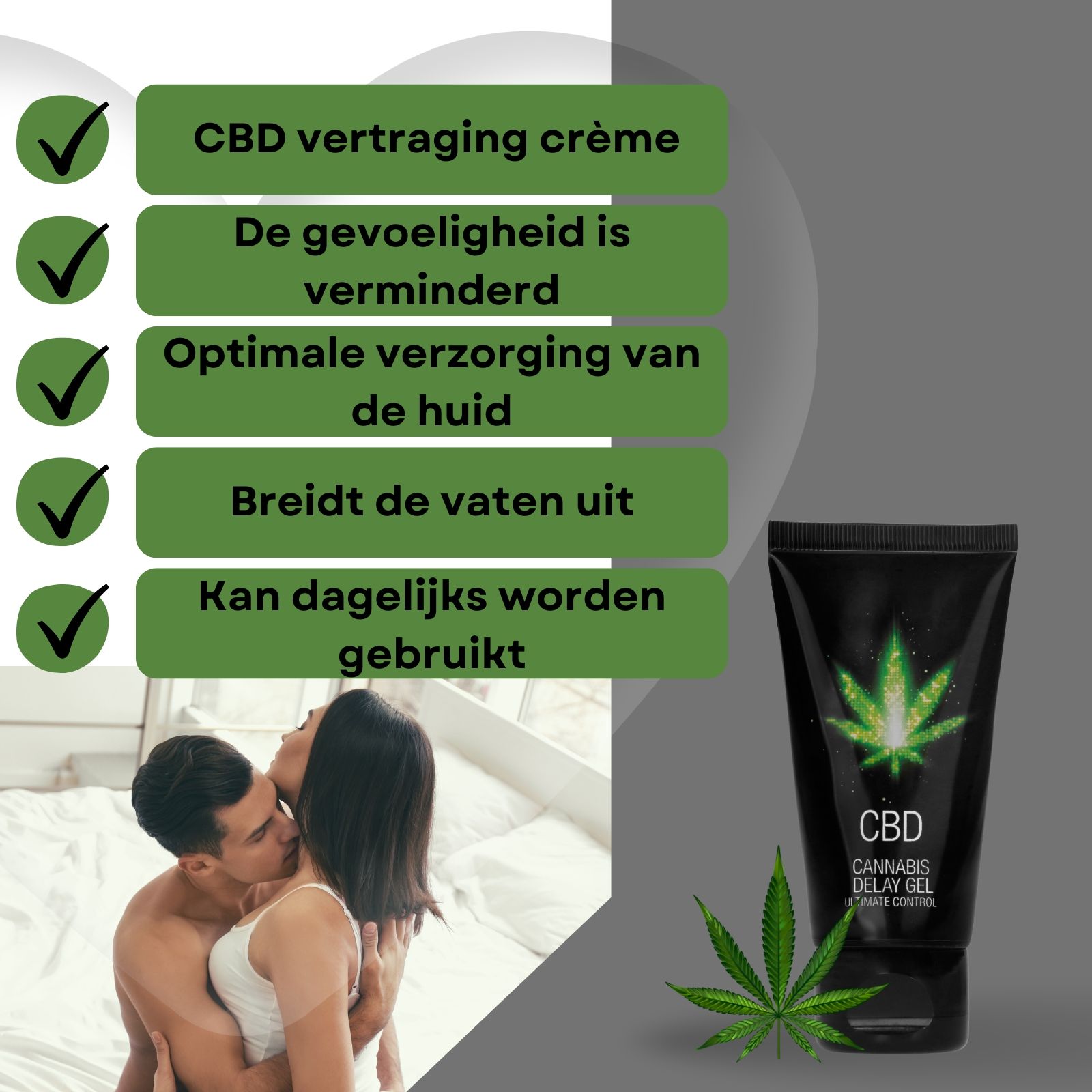 Koppel in bed. Tube CBD-gel. Cannabisblad-logo. Tekst: CBD, Cannabis Delay Gel, Ultimate Control. Vinkjes.