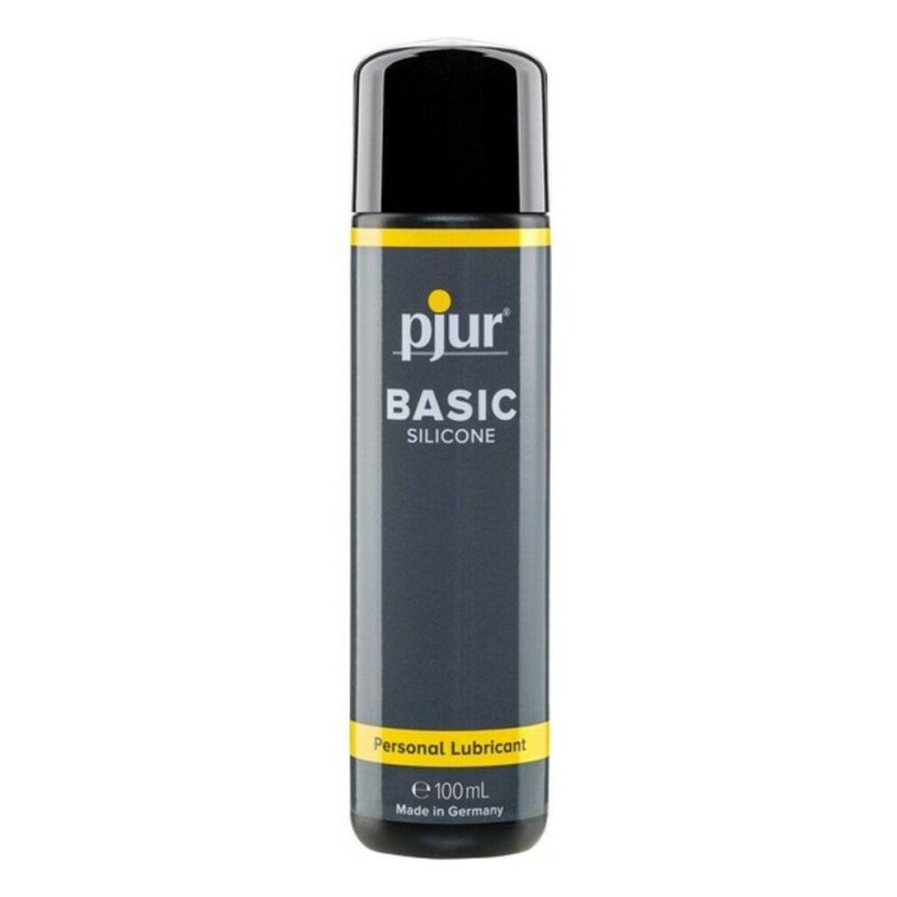 Zylindrische Flasche mit schwarzem Deckel. Gelbe Akzente und Produktbezeichnung. Aufschrift: pjur BASIC SILICONE PERSONAL LUBRICANT.