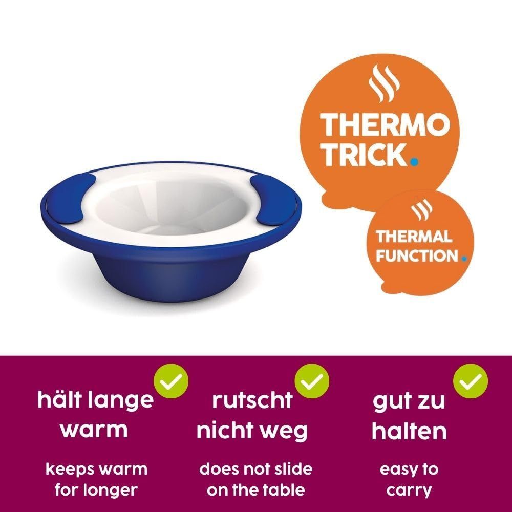 Blaue Schale mit Griffen, Text: Thermo Trick, hält lange warm, rutscht nicht weg, gut zu halten. Grüne Häkchen.