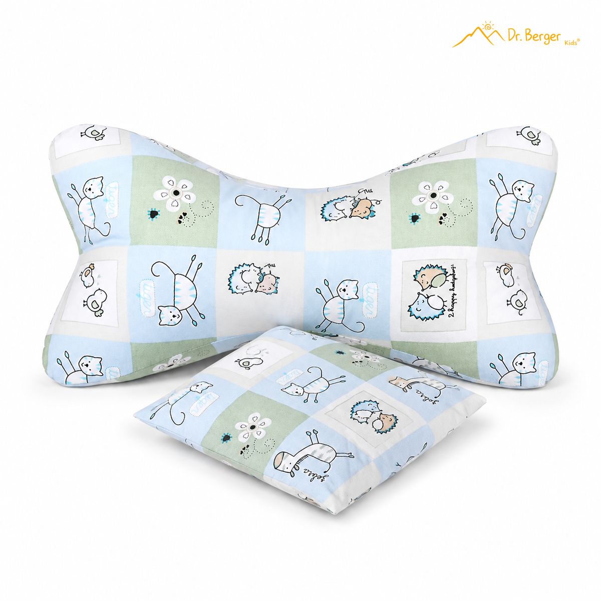 Zwei Dr. Berger Kuschelkissen: ein Leseknochen und ein Kirschkernkissen mit Tiermotiven.