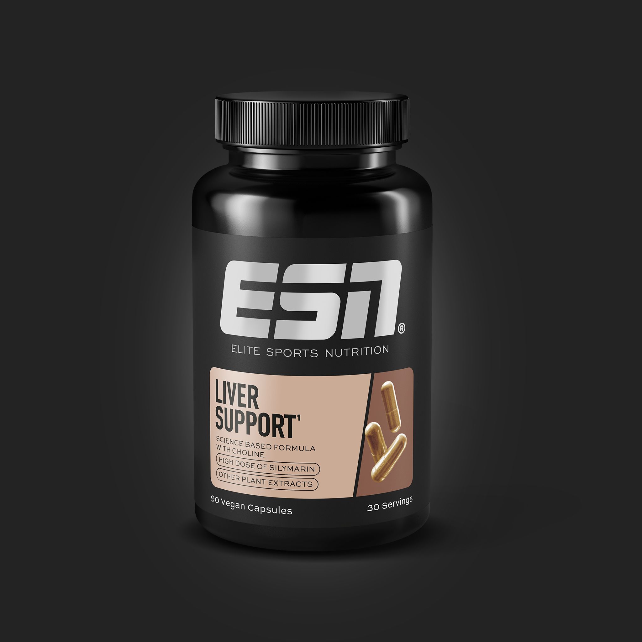 Schwarze Flasche mit ESN-Logo und Aufschrift "Liver Support". Braunes Etikett mit Kapseln. 30 Portionen, 90 vegane Kapseln.