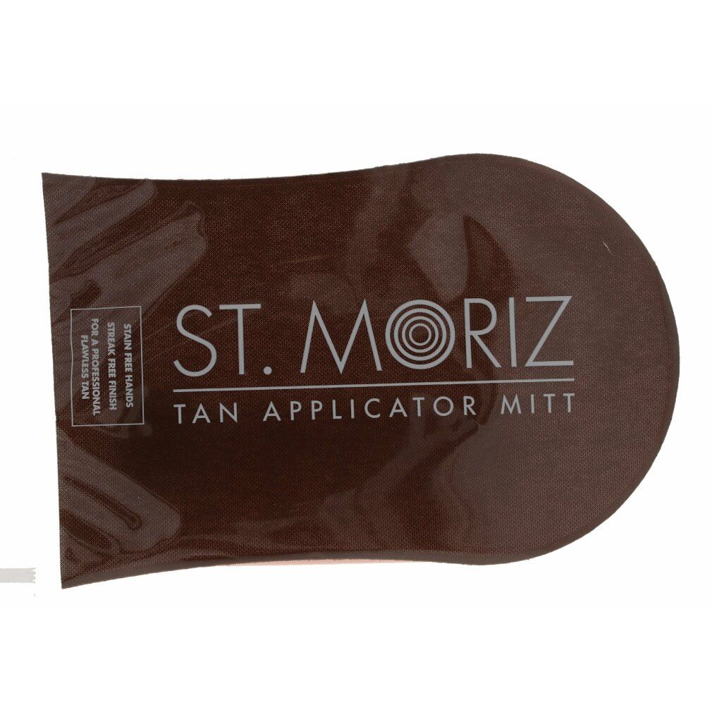 Brauner Applikator-Handschuh mit weißem Logo und Text. Aufschrift: ST. MORIZ TAN APPLICATOR MITT. Für makellose, streifenfreie Bräune.