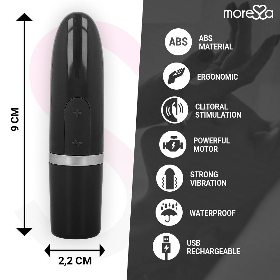 Schwarzer, ovaler Stimulator. Maße: 9 cm x 2,2 cm. Merkmale: ABS-Material, ergonomisch, USB-aufladbar.