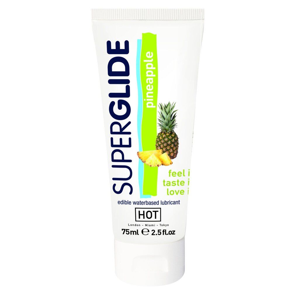 Weiße Tube mit "SUPERGLIDE"-Schriftzug. Ananas-Illustration. Text: "edible waterbased lubricant". Marke: "HOT".