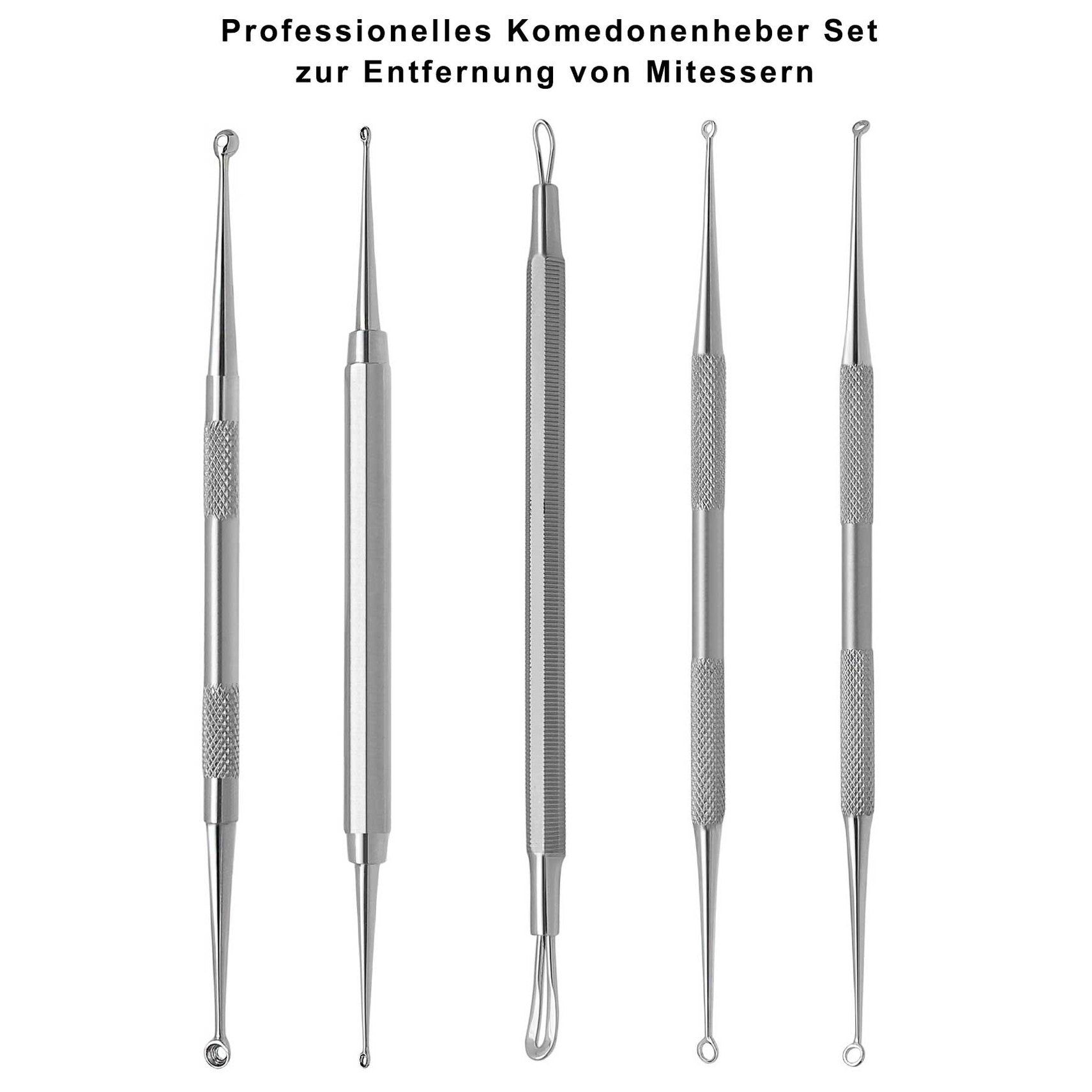 Fünf Edelstahl-Hautunreinheitswerkzeuge mit unterschiedlichen Spitzenformen. Griffe mit Riffelung. Text: Professionelles Komedonenheber Set zur Entfernung von Mitessern.