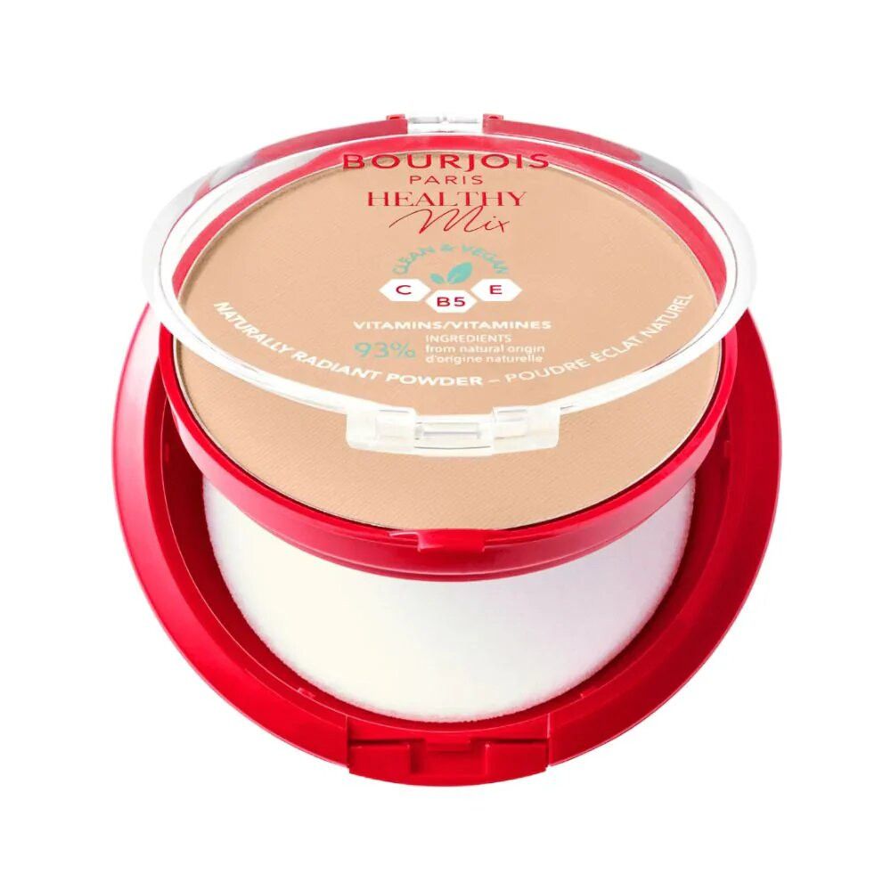 Roter Behälter mit Puder und Schwämmchen. Aufschrift: Bourjois Paris Healthy Mix. Deckel geöffnet.
