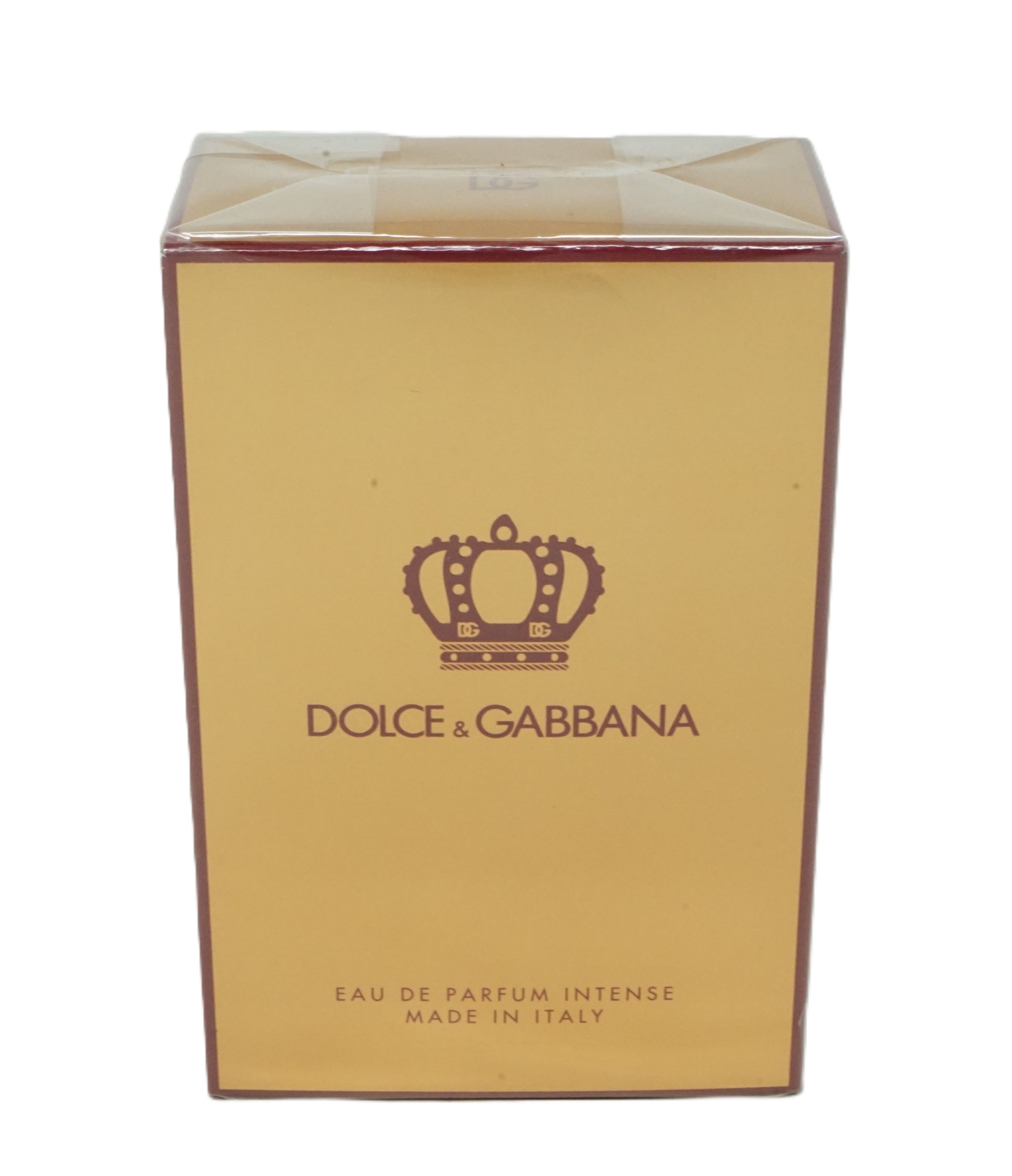 Goldfarbener Karton mit Dolce & Gabbana-Logo und Krone. Aufschrift: Eau de Parfum Intenso, Made in Italy.