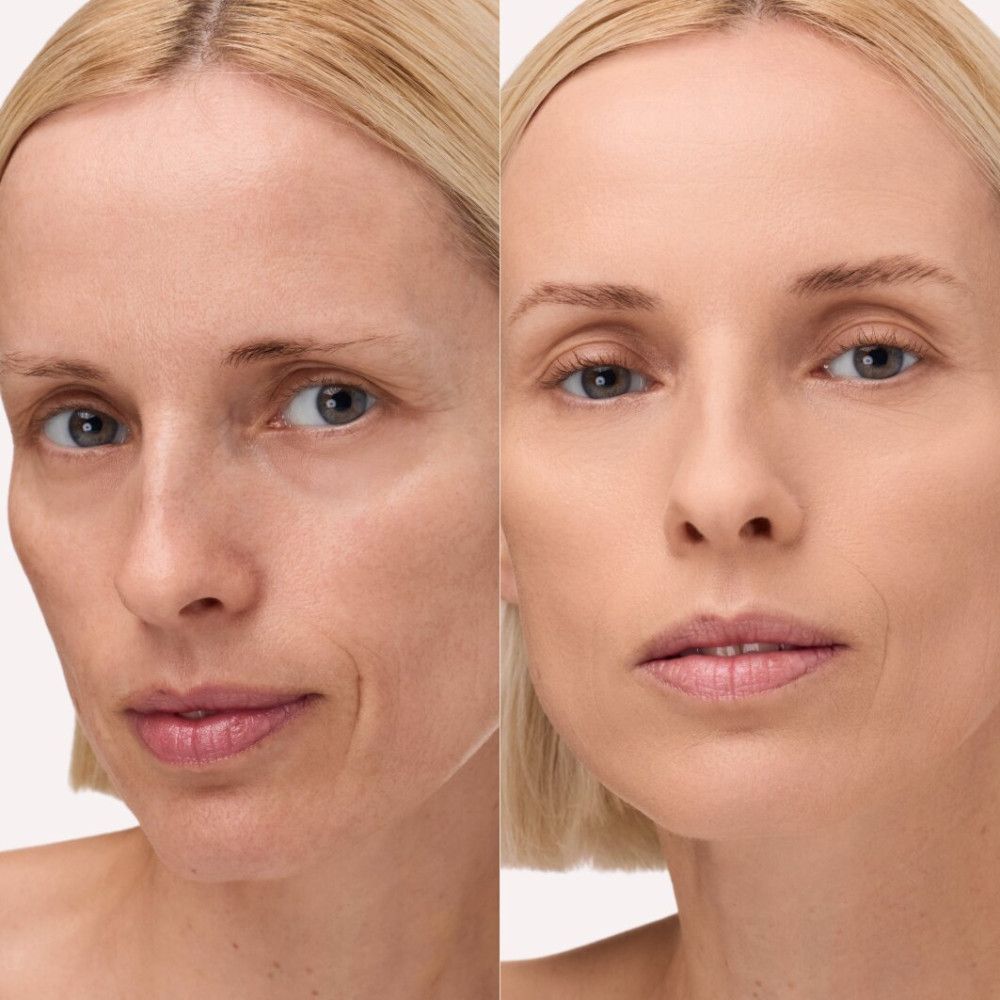 Vorher-Nachher-Vergleich. Frau mit blonden Haaren, Gesichtshälfte ohne und mit Make-up.