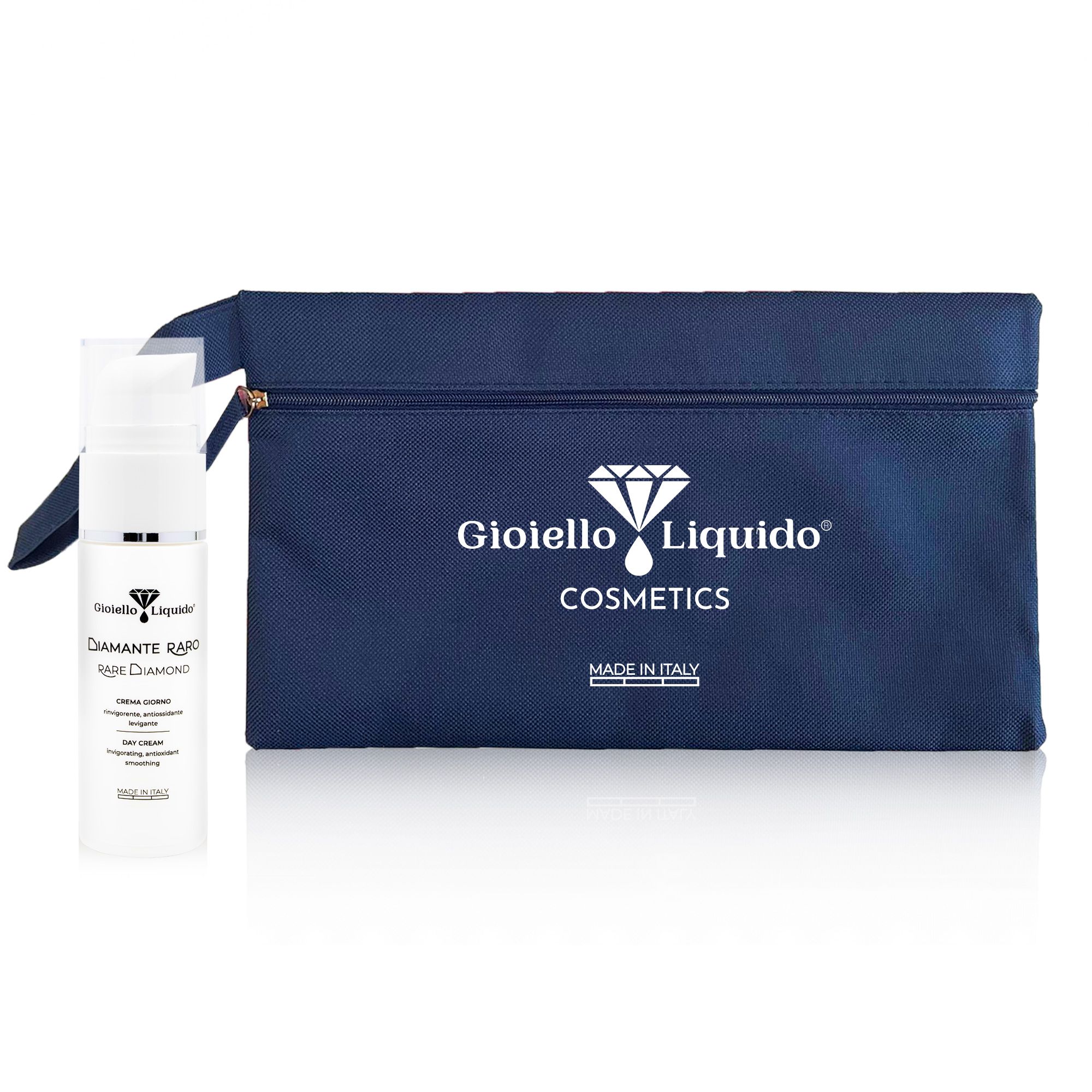 Tagescreme und blaue Clutch-Tasche. Text: Gioiello Liquido Cosmetics. Aufschrift: Diamante Raro, Tagescreme.