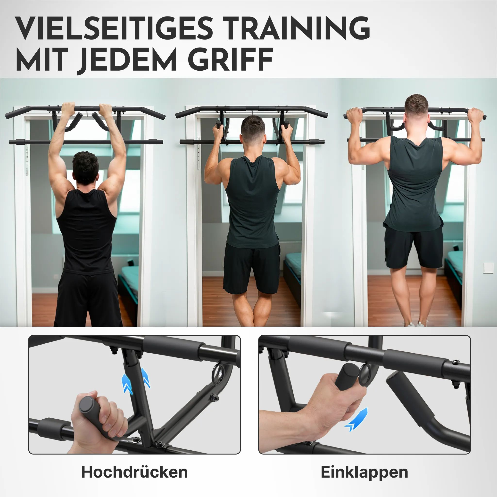 Männer trainieren an einer Klimmzugstange mit verschiedenen Griffvarianten.