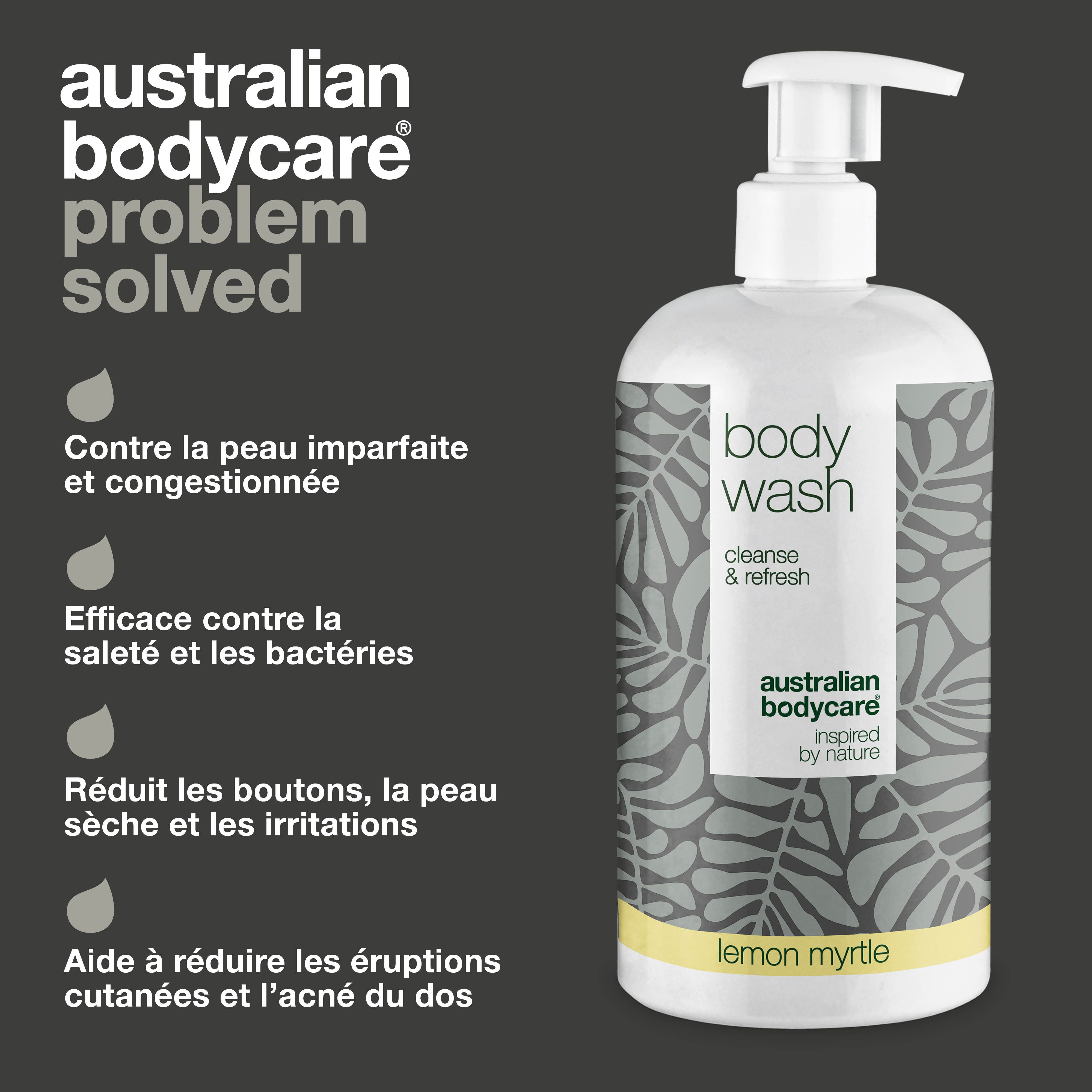 Flacon de gel douche. Texte : Contre la peau imparfaite, efficace contre les bactéries, réduit les boutons, les irritations.